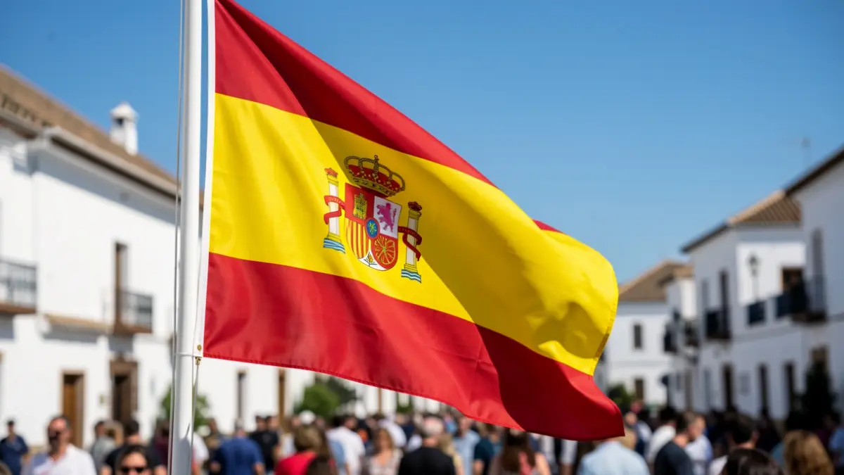Spanish flag waving with blurred Andalusian architecture in the background.