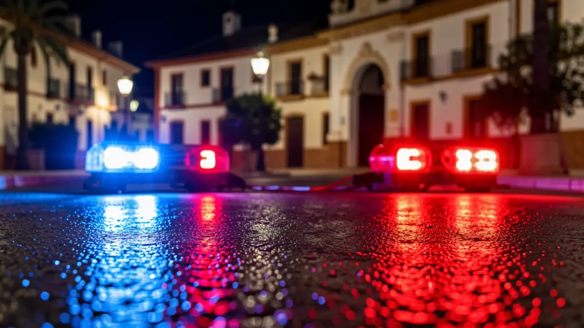 Imagen genérica de luces de emergencia policiales reflejándose en el asfalto mojado por la noche.