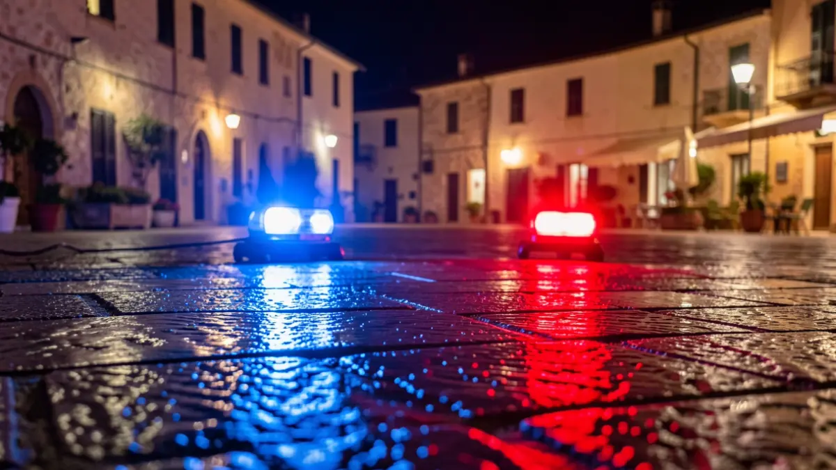 Imagen genérica de luces de emergencia policiales reflejándose en el asfalto mojado por la noche.