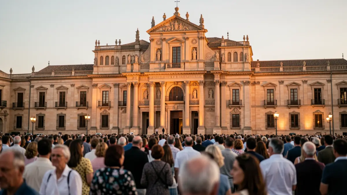 Facade of the Palacio de Carlos V in Granada at sunset, with a blurred crowd preparing for a cultural event.