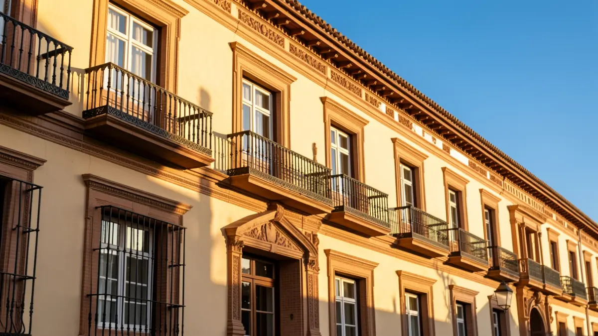 Facade of a university building in Sevilla with Andalusian architecture.