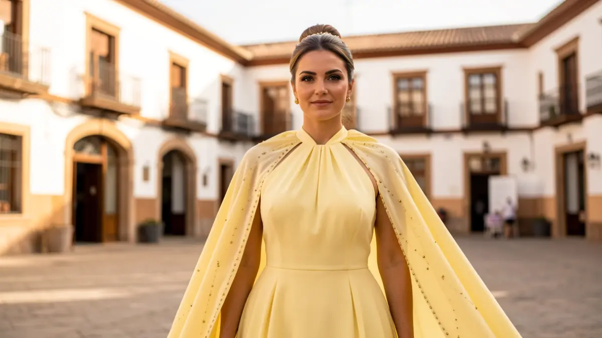 La Tarasca dressed in an elegant butter yellow outfit for Granada's Corpus Christi festival.