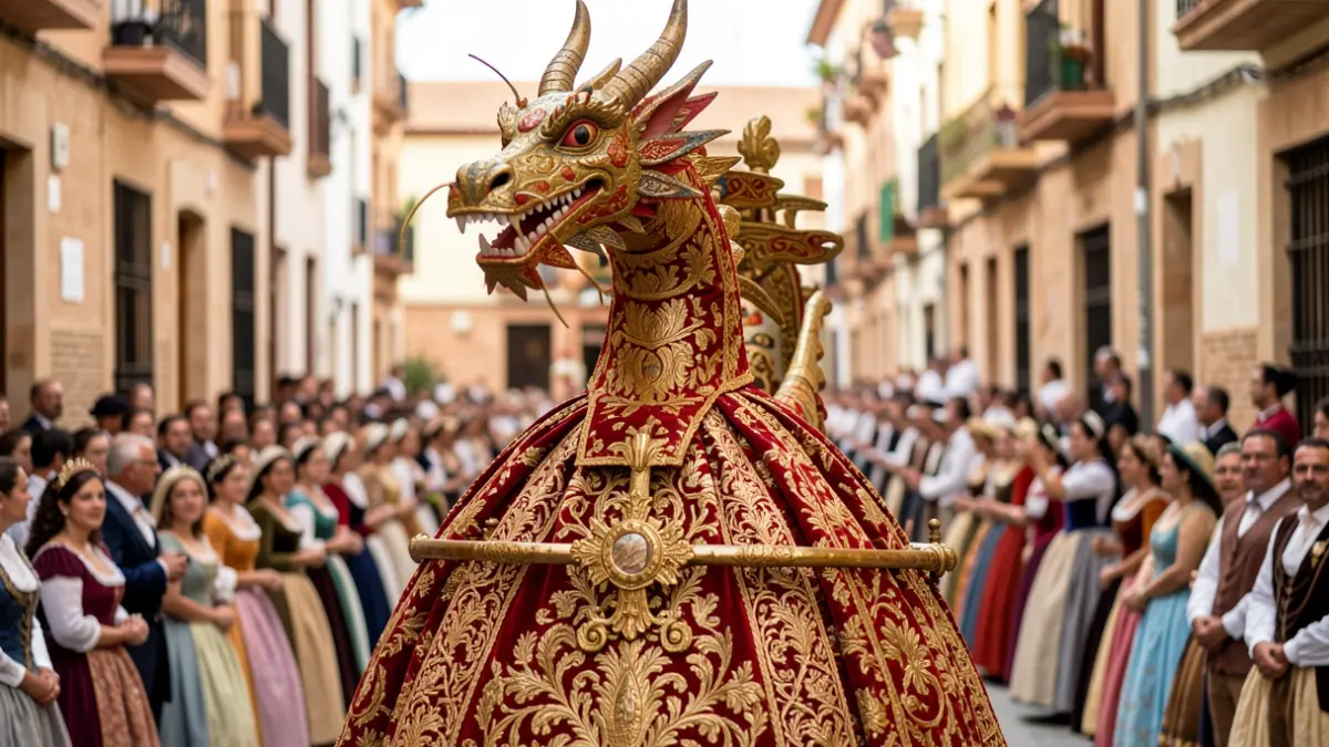 Image of La Tarasca, the dragon of Granada's Corpus Christi, in its festive attire.