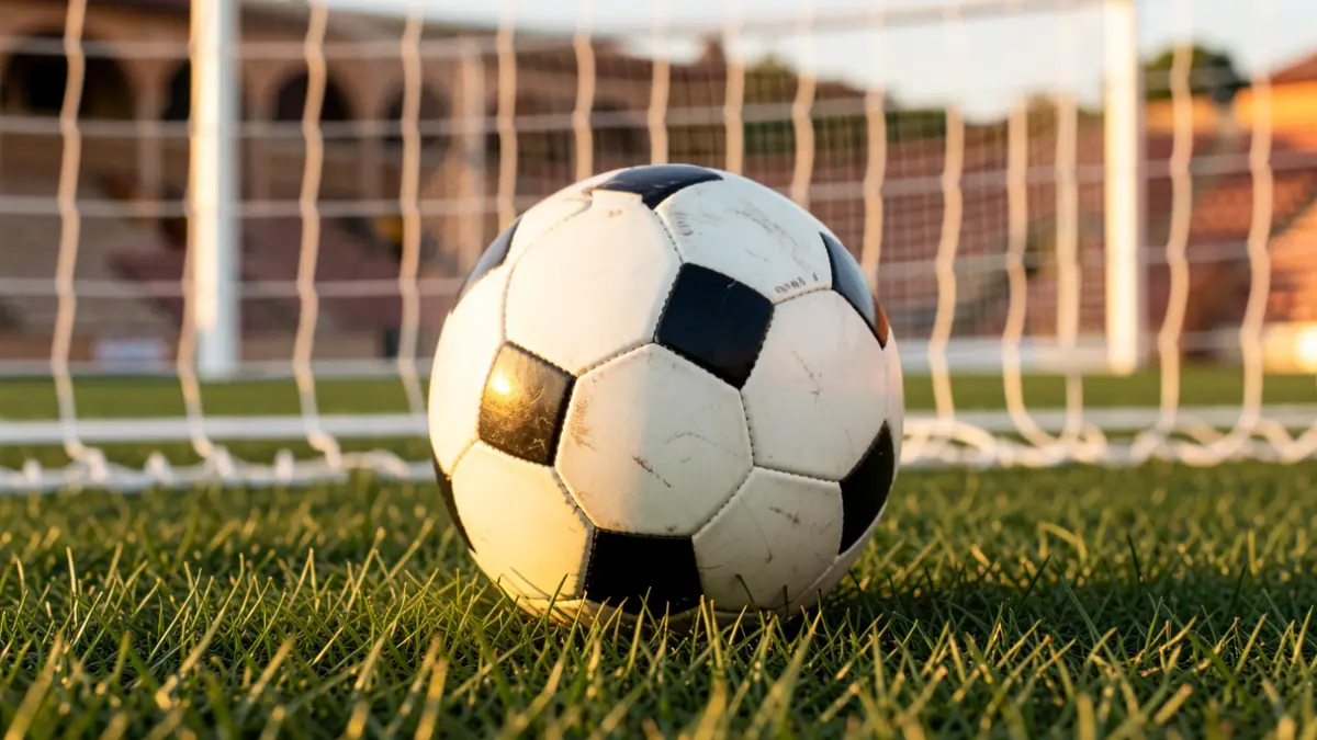 Imagen genérica de un balón de fútbol sobre césped con una portería desenfocada.