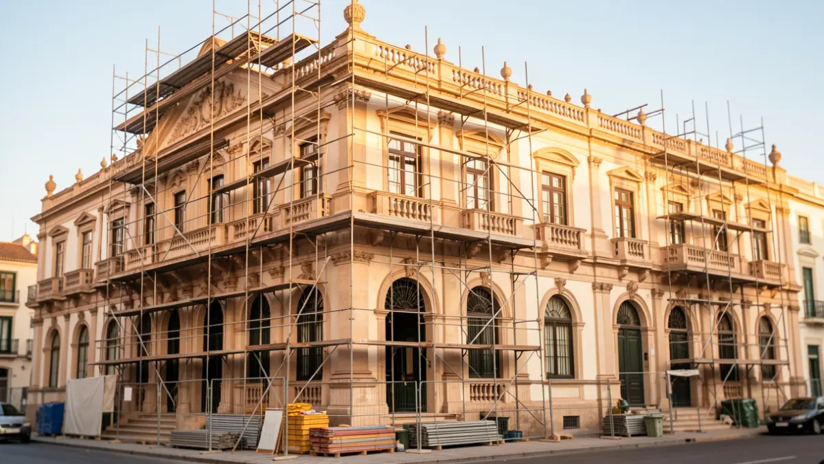Fachada del edificio histórico Valcárcel en Cádiz en proceso de renovación.