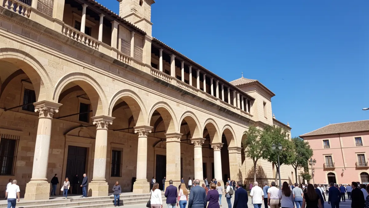 Fachada del edificio de la Universidad de Córdoba, estructura histórica de piedra bajo un cielo azul.