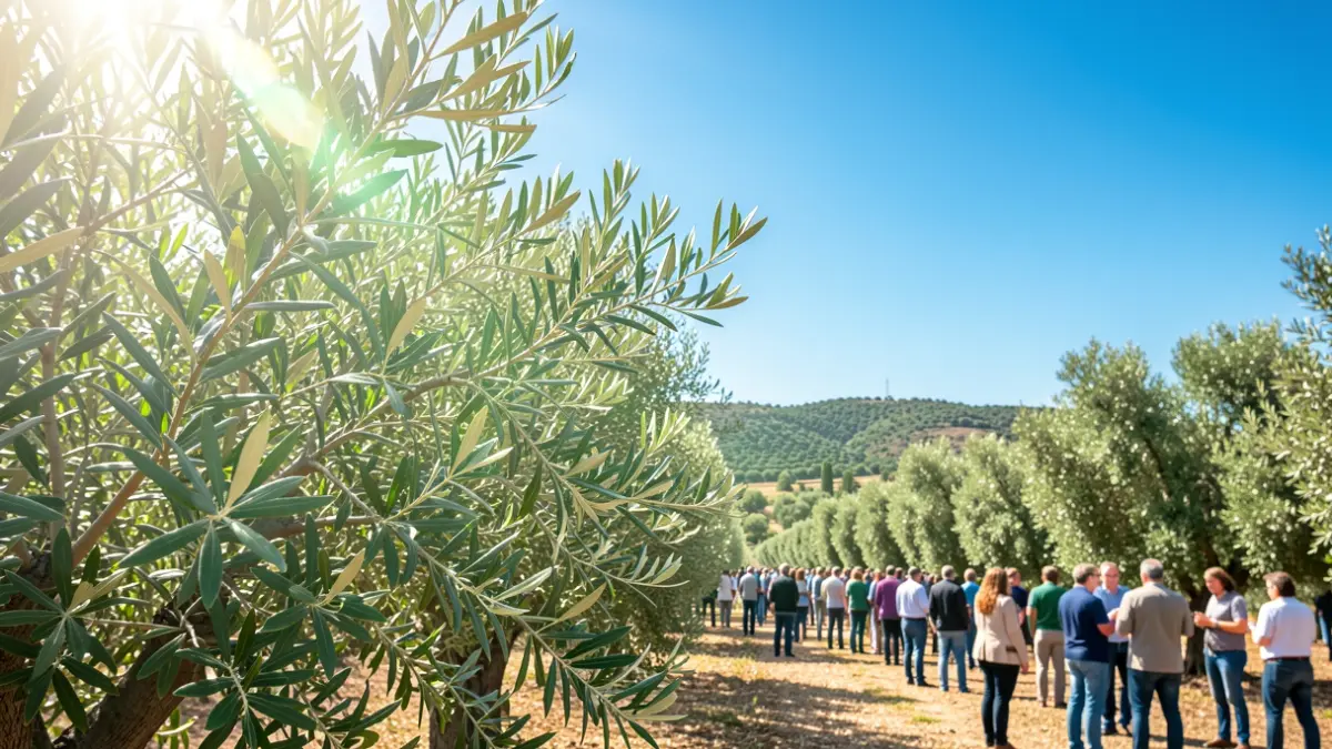Campo de olivos en Andalucía recibiendo tratamiento de luz ultravioleta para mejorar su resistencia.