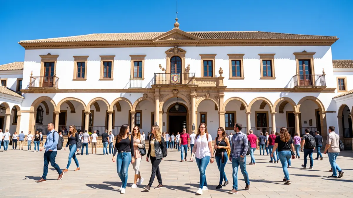 Fachada de la Universidad de Córdoba con estudiantes y luz solar andaluza.