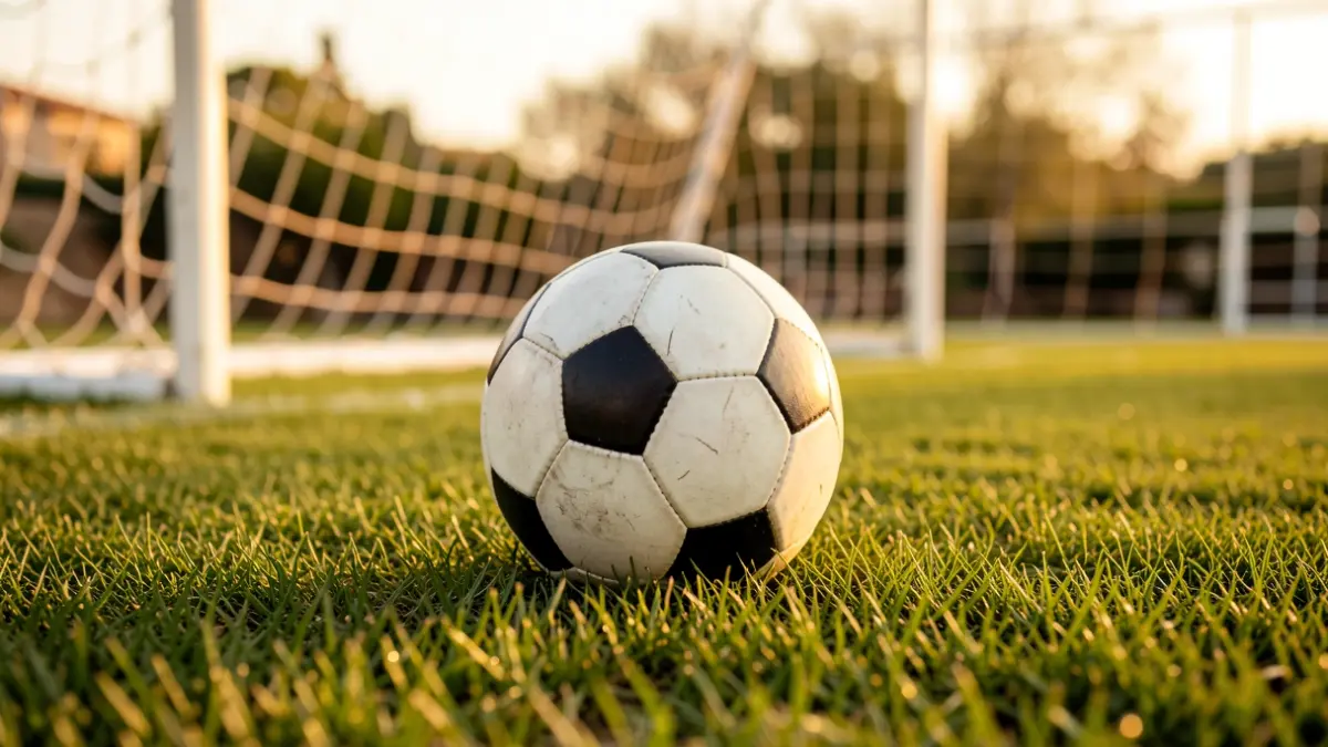 Imagen genérica de un balón de fútbol sobre el césped con una portería desenfocada al fondo.