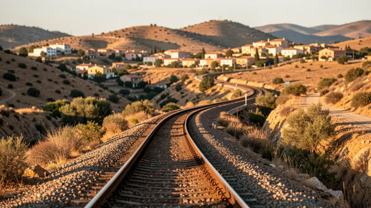 Stylized representation of a railway line crossing an arid Andalusian landscape at sunset.