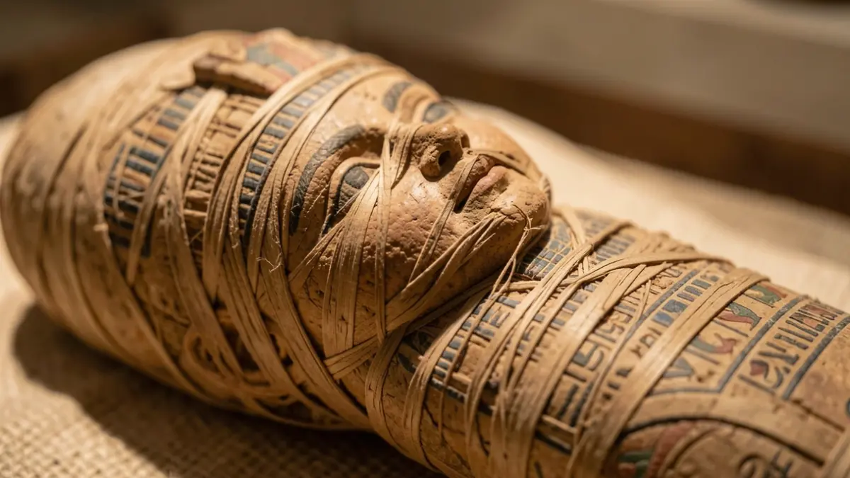Detalle de los vendajes de una momia infantil del Antiguo Egipto con intrincados patrones.