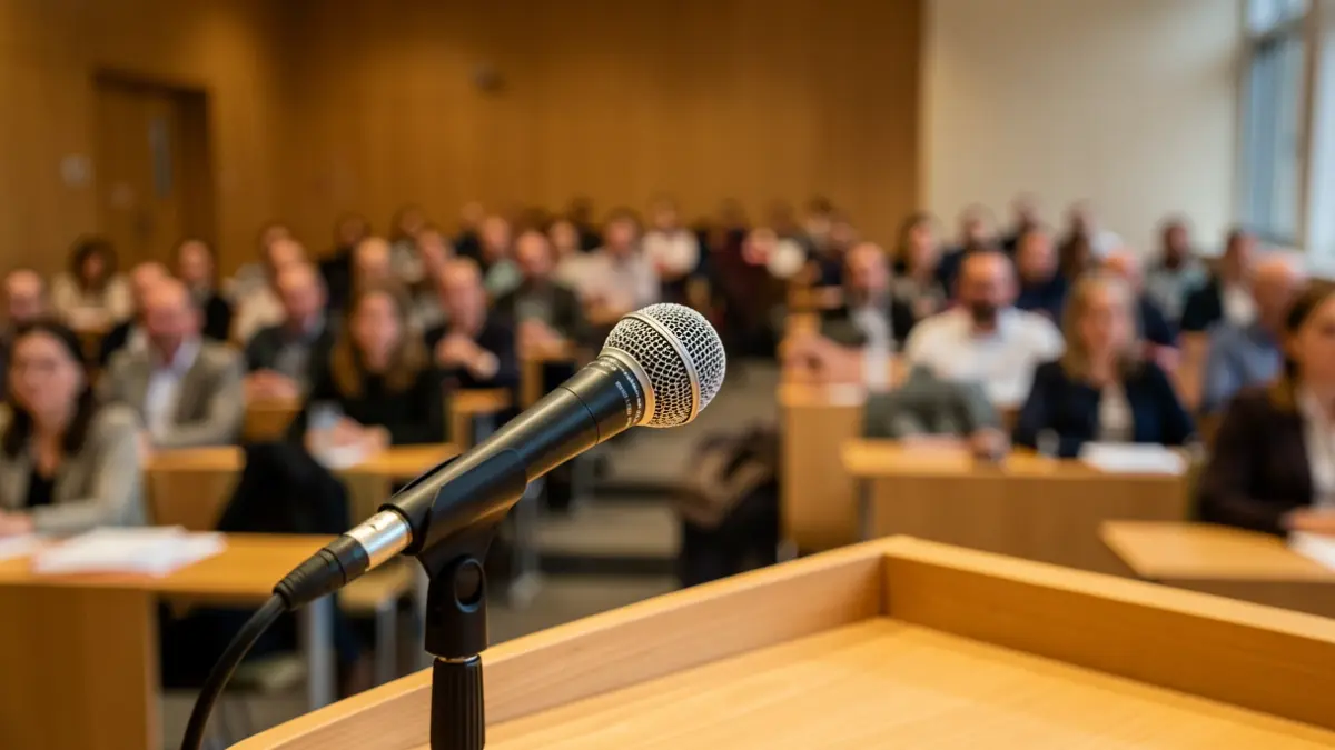 Generic image of a microphone on a podium in a university conference room.