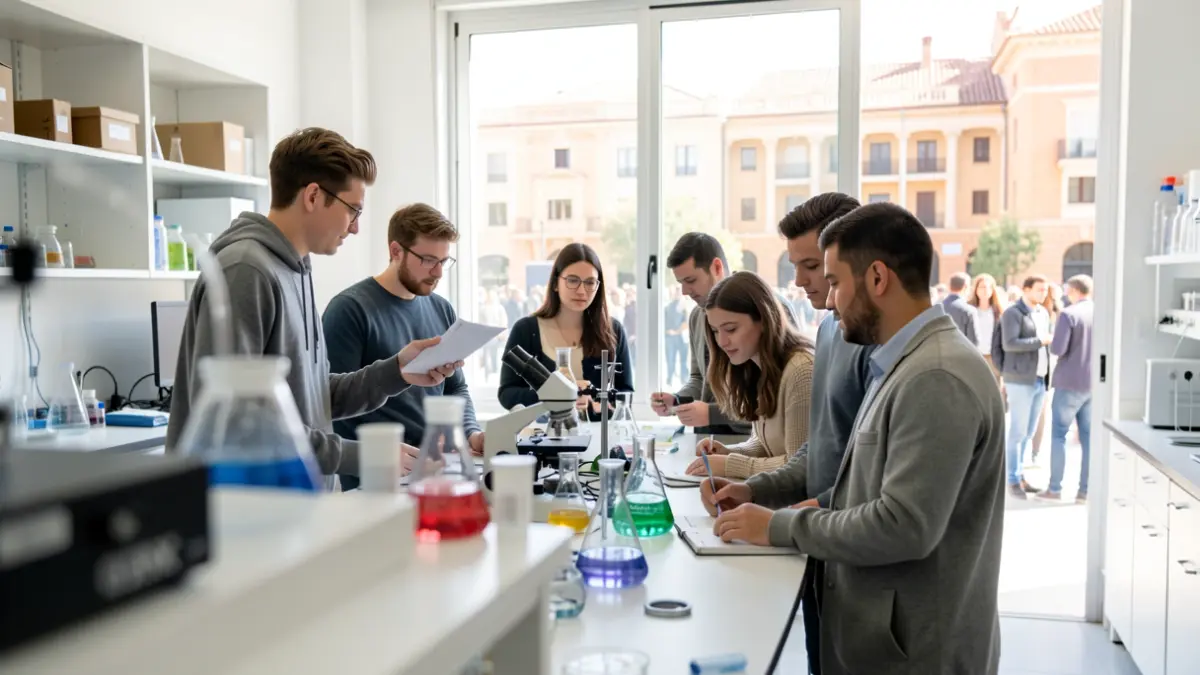 Image of students undertaking internships in a university laboratory in Andalusia.