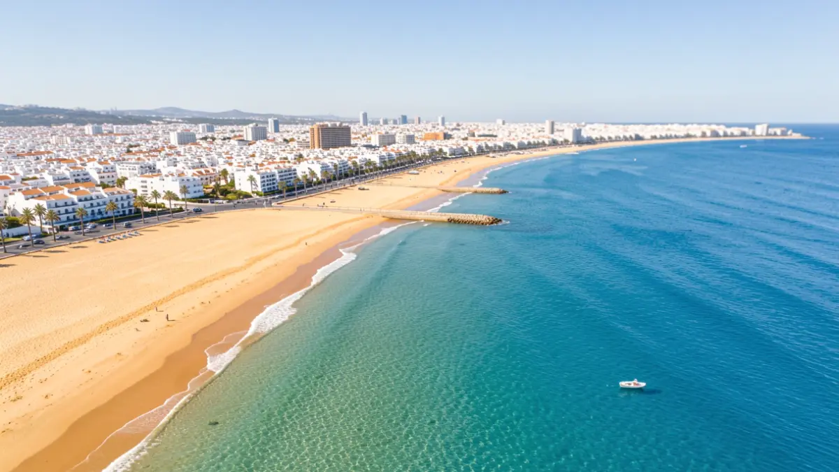 Vista aérea de la costa de Torremolinos con playas doradas y el mar Mediterráneo.