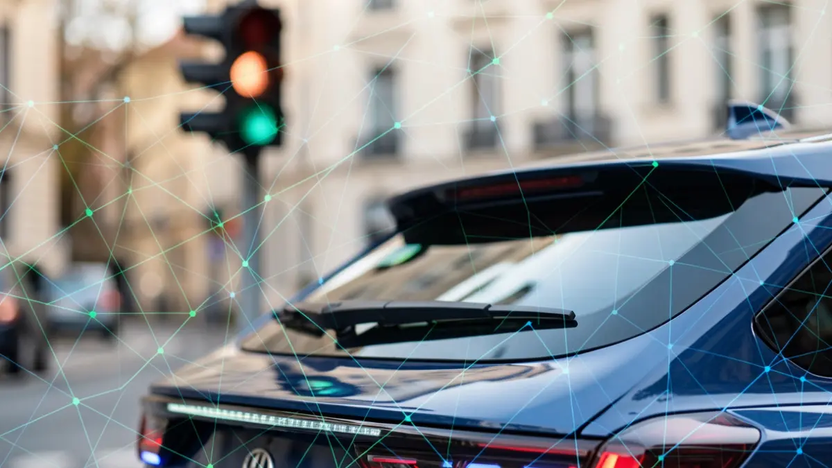 Close-up of a futuristic car sensor and a blurred traffic light, with digital network patterns.