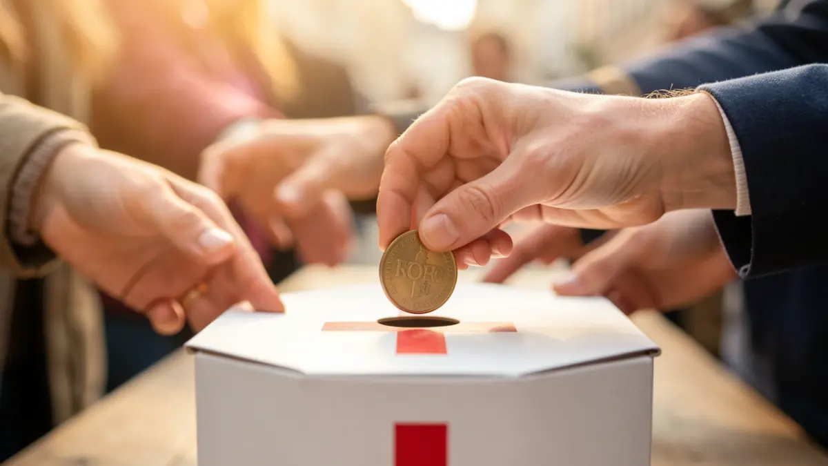 Mano depositando una moneda en una caja de donaciones con el símbolo de Cruz Roja.