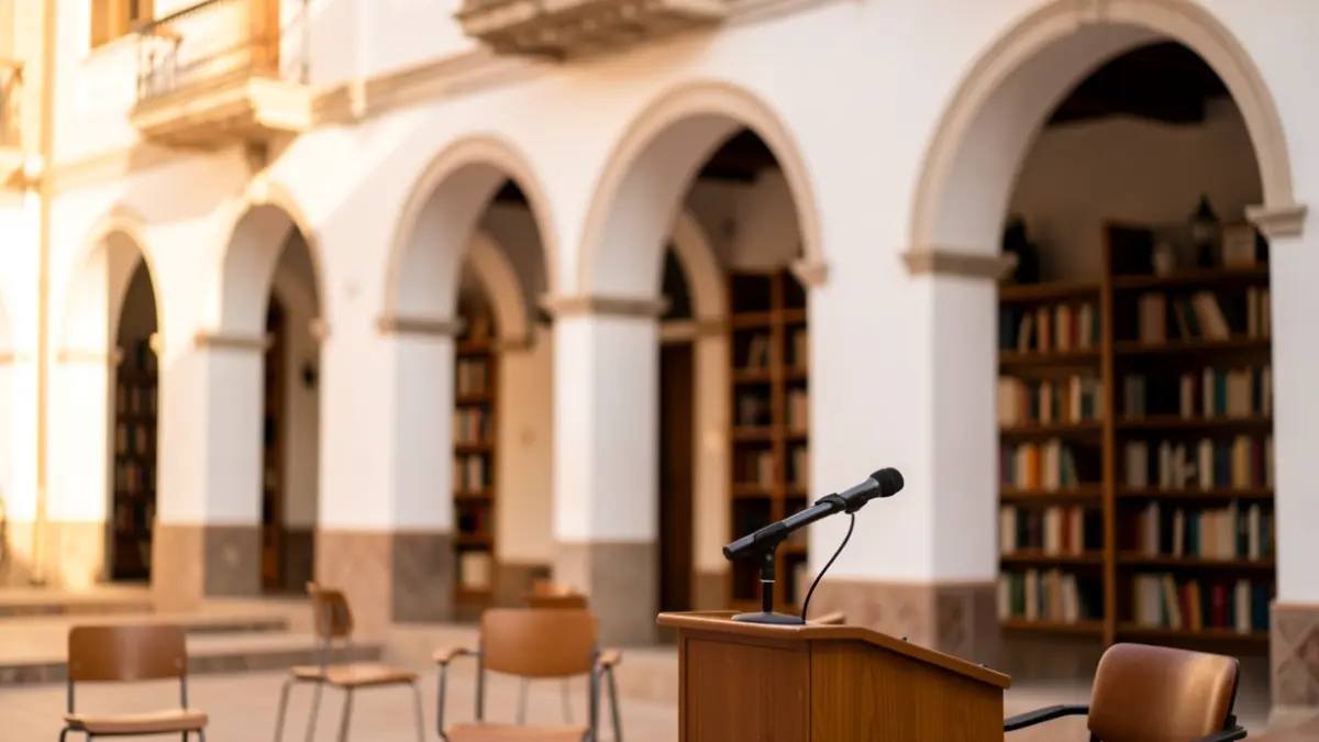 Facade of a historic university building in Andalusia with white walls and arches, bathed in warm afternoon sunlight. Scattered chairs and a microphone on a podium suggest a meeting space.