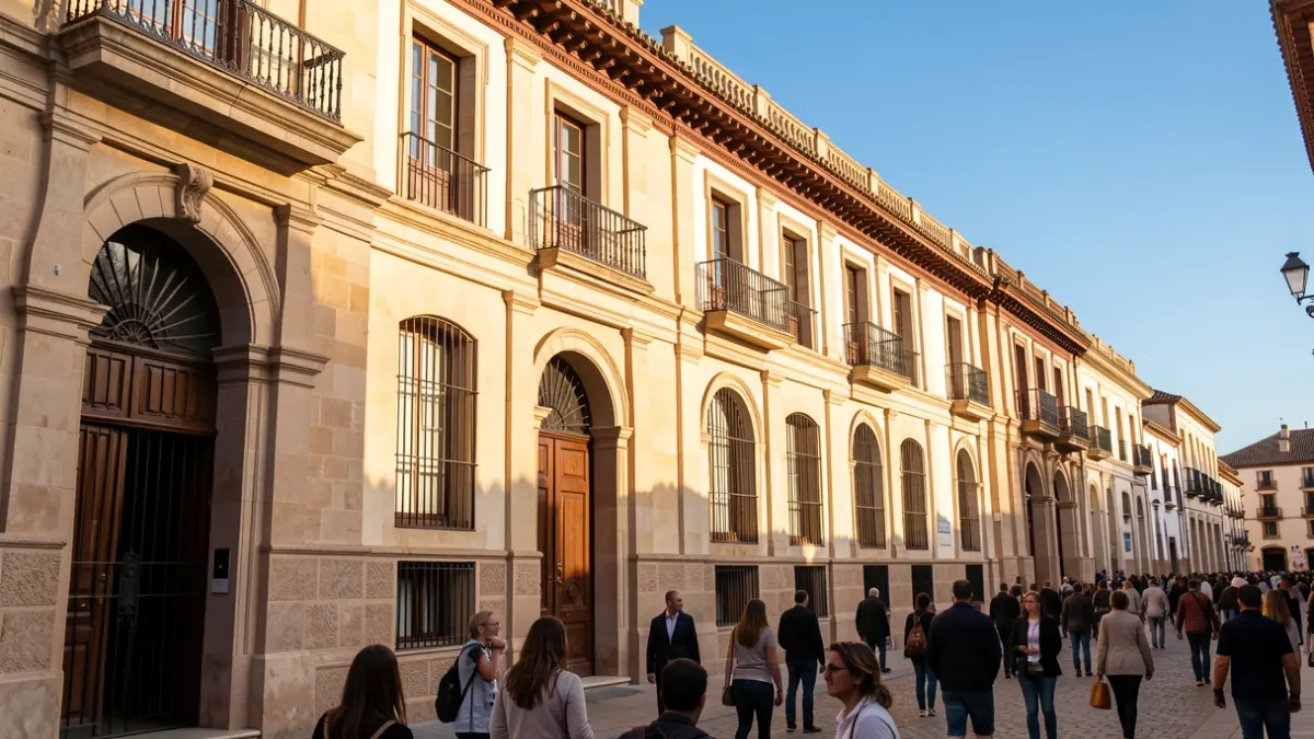 Fachada de un edificio universitario en Sevilla con arquitectura andaluza.