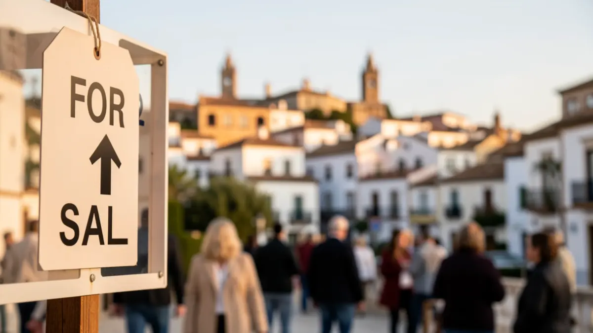 Generic image of a real estate 'For Sale' sign with a blurred Andalusian urban landscape.