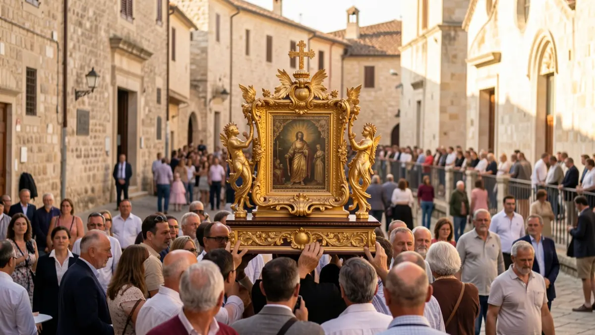 Religious procession in a historic square in Huelva with an icon on a float.