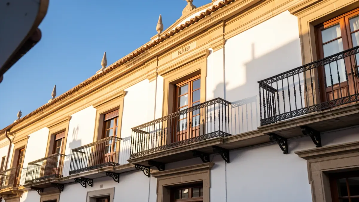 Fachada de un ayuntamiento andaluz con balcones ornamentados y paredes blancas, bajo la luz del sol de la tarde.