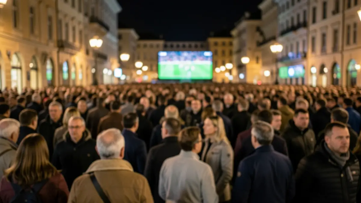 Imagen genérica de aficionados reunidos en una plaza pública por la noche, mirando pantallas gigantes.