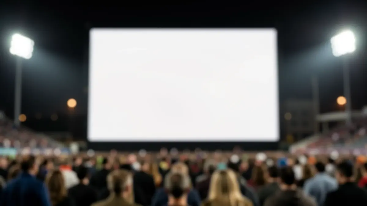 Generic image of an empty outdoor giant screen at night, with blurred stadium lights in the background.