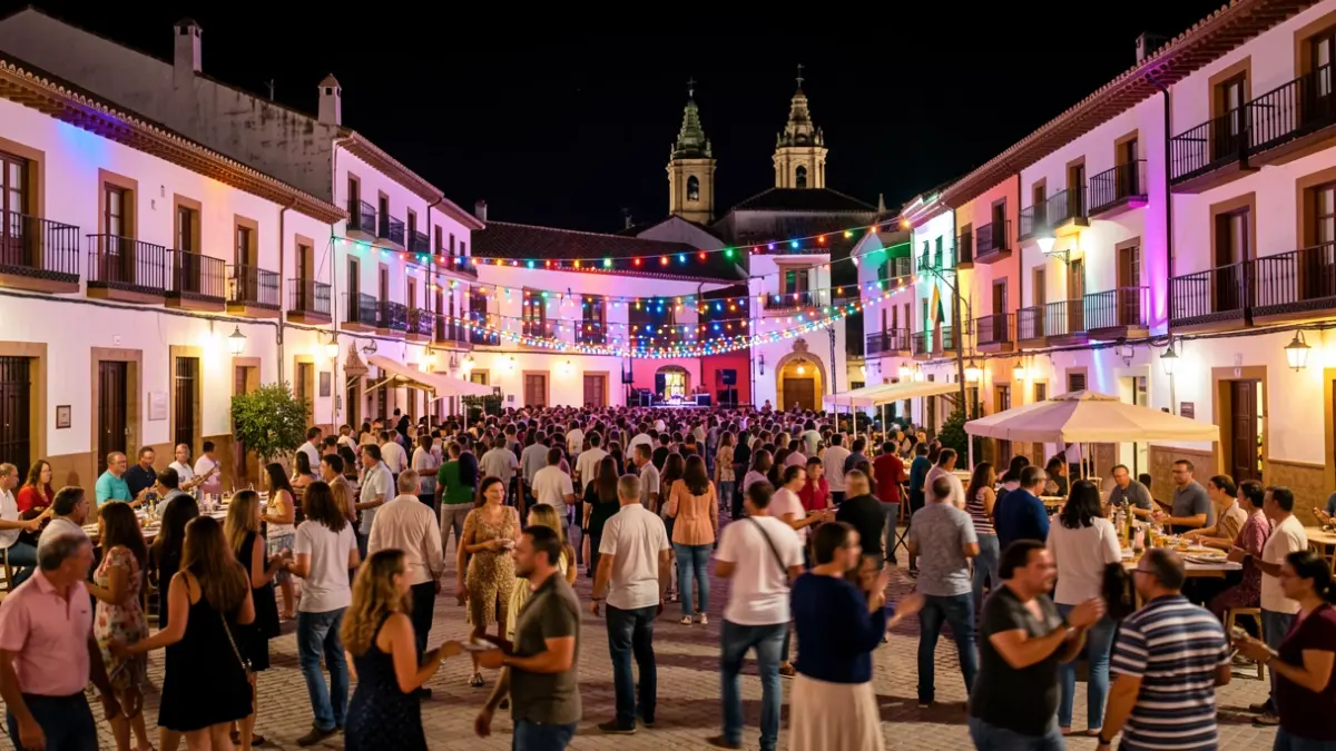 Imagen genérica de una plaza de pueblo andaluz por la noche durante una fiesta.