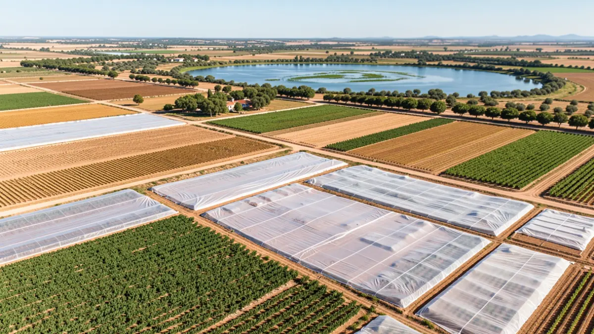 Vista aérea de cultivos en el entorno de Doñana, algunos bajo plástico.