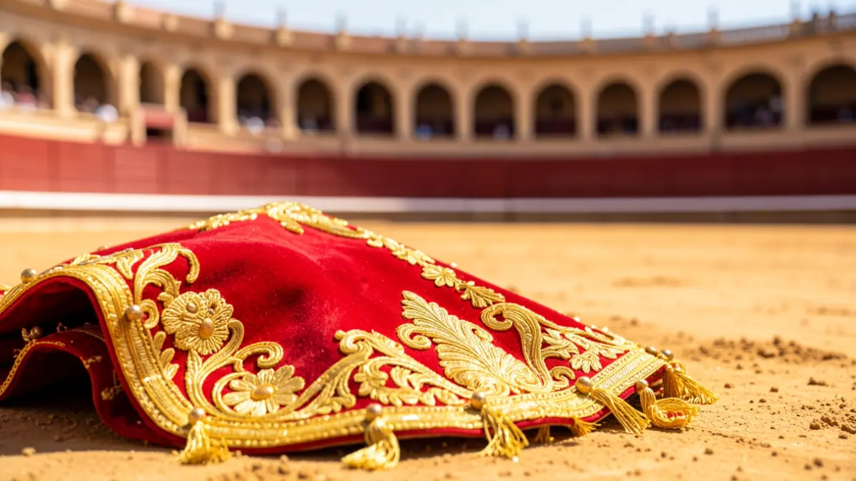Close-up image of a red and gold bullfighter's cape with embroidery, on the sand of a bullring.