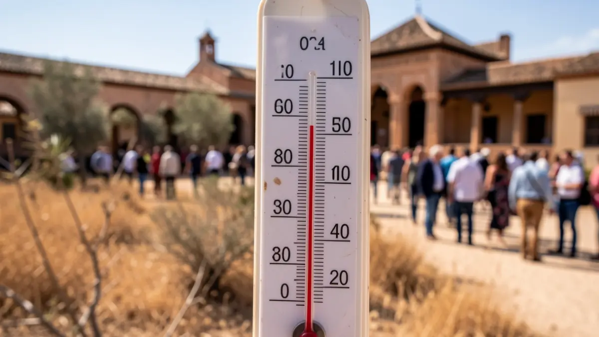 Termómetro marcando alta temperatura con fondo de arquitectura andaluza bajo el sol intenso.