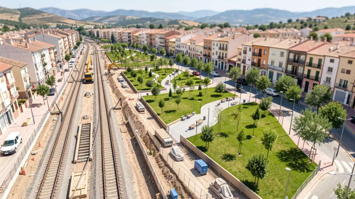 Aerial view of the Metro de Granada expansion works in Las Gabias, showing the route and newly urbanized areas.
