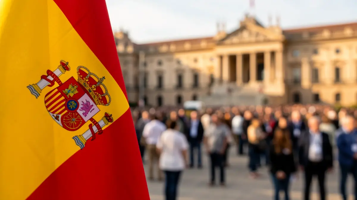 Primer plano de una franja roja de la bandera española con el edificio del Parlamento de Andalucía desenfocado al fondo.