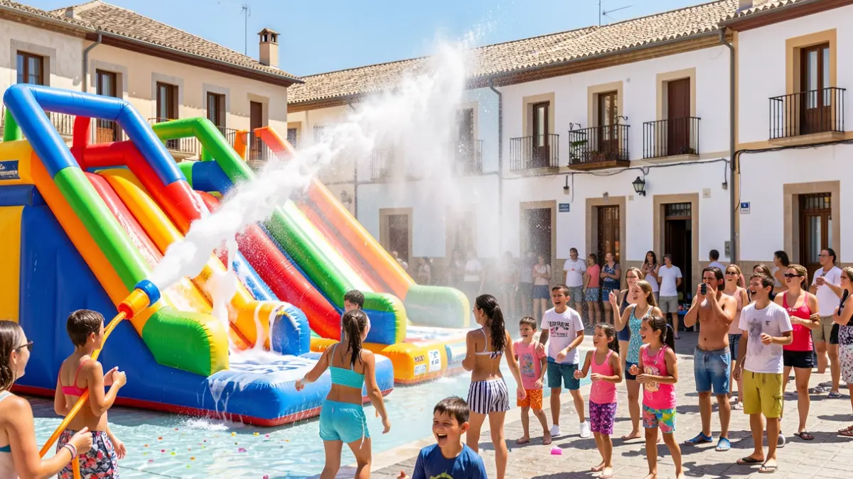 Generic image of a water party with slides and a foam cannon in a town square.