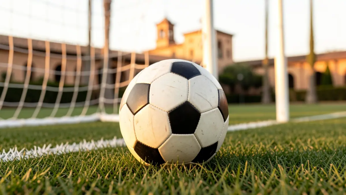 Generic image of a soccer ball on grass with a blurred goal net in the background.