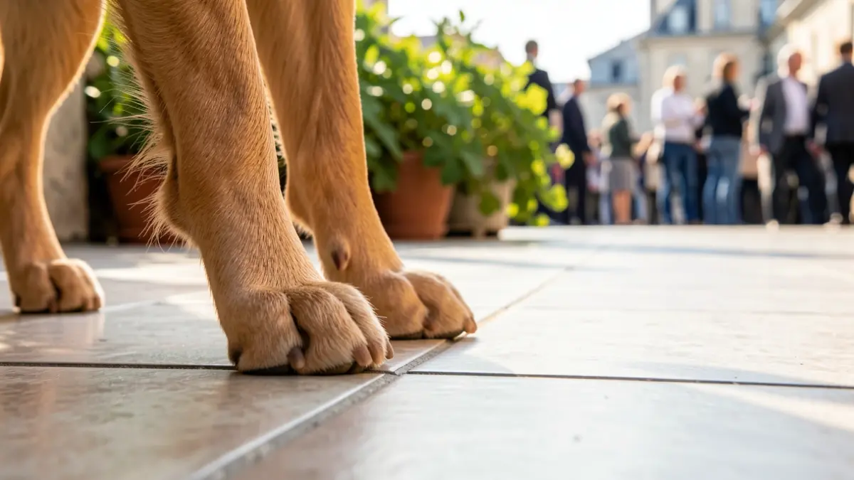 Close-up of a dog's paws on a tiled terrace floor, with blurred plants in the background.