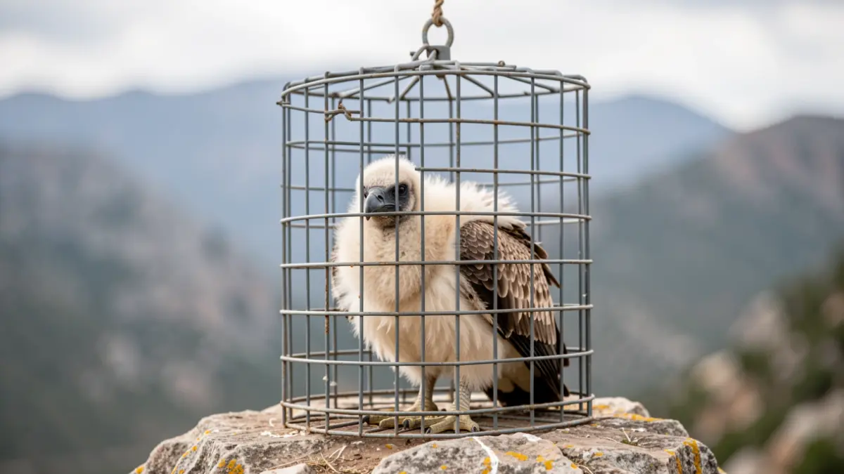Bearded vulture chick in its adaptation cage in the Sierra de Cazorla.