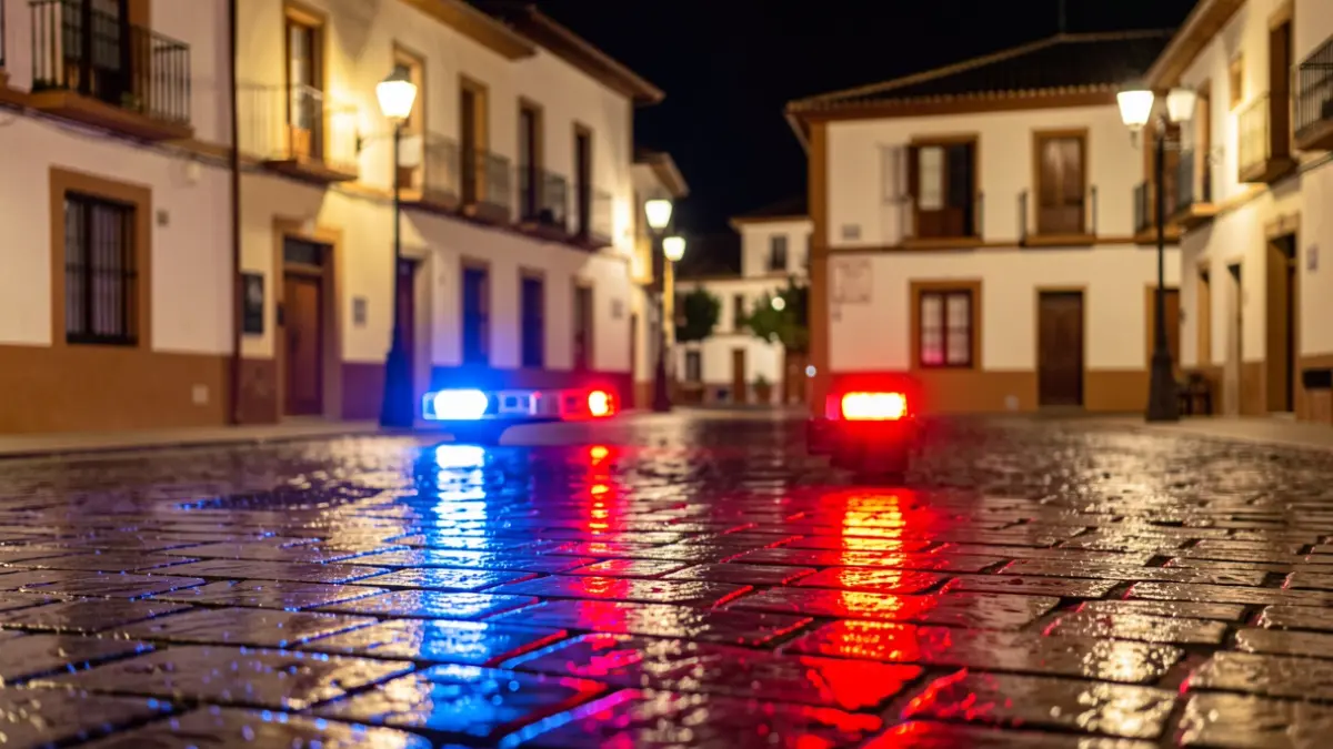 Generic image of police emergency lights reflecting on wet asphalt at night in a Spanish square.