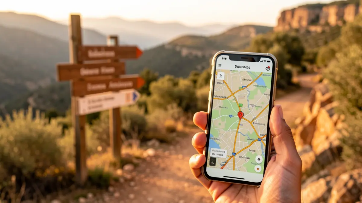 Image of a trail running route in Linares with signage and a mobile phone showing the route.