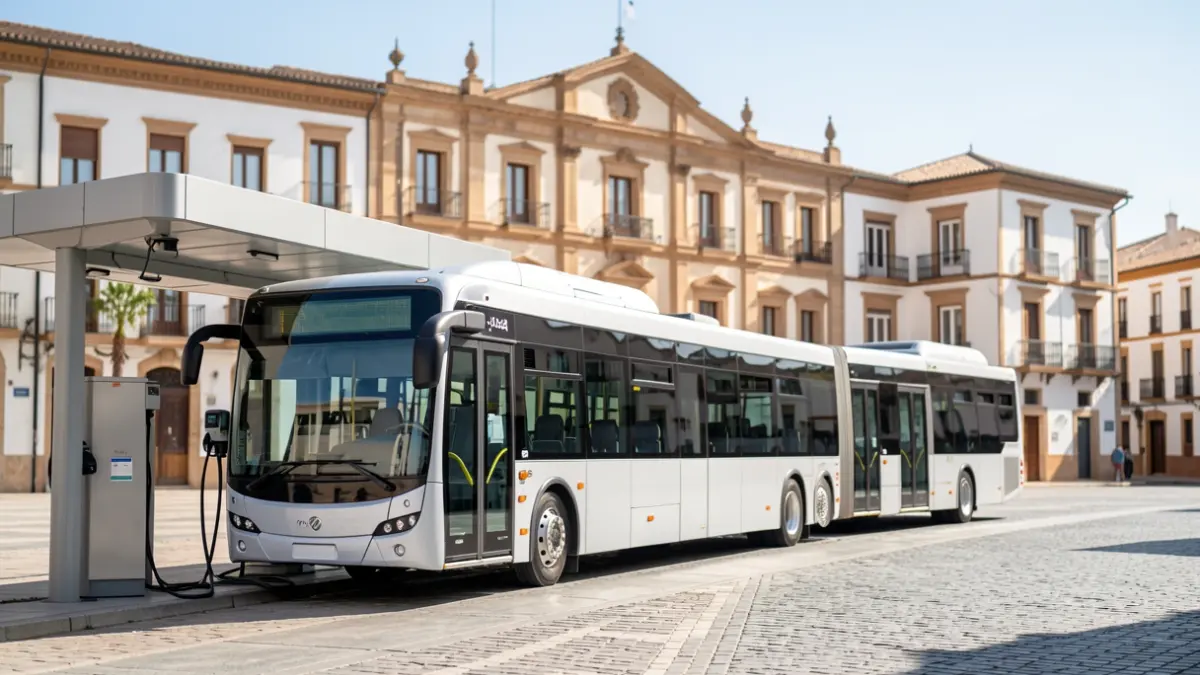 Autobús eléctrico cargando en una plaza de Linares con el Ayuntamiento al fondo.