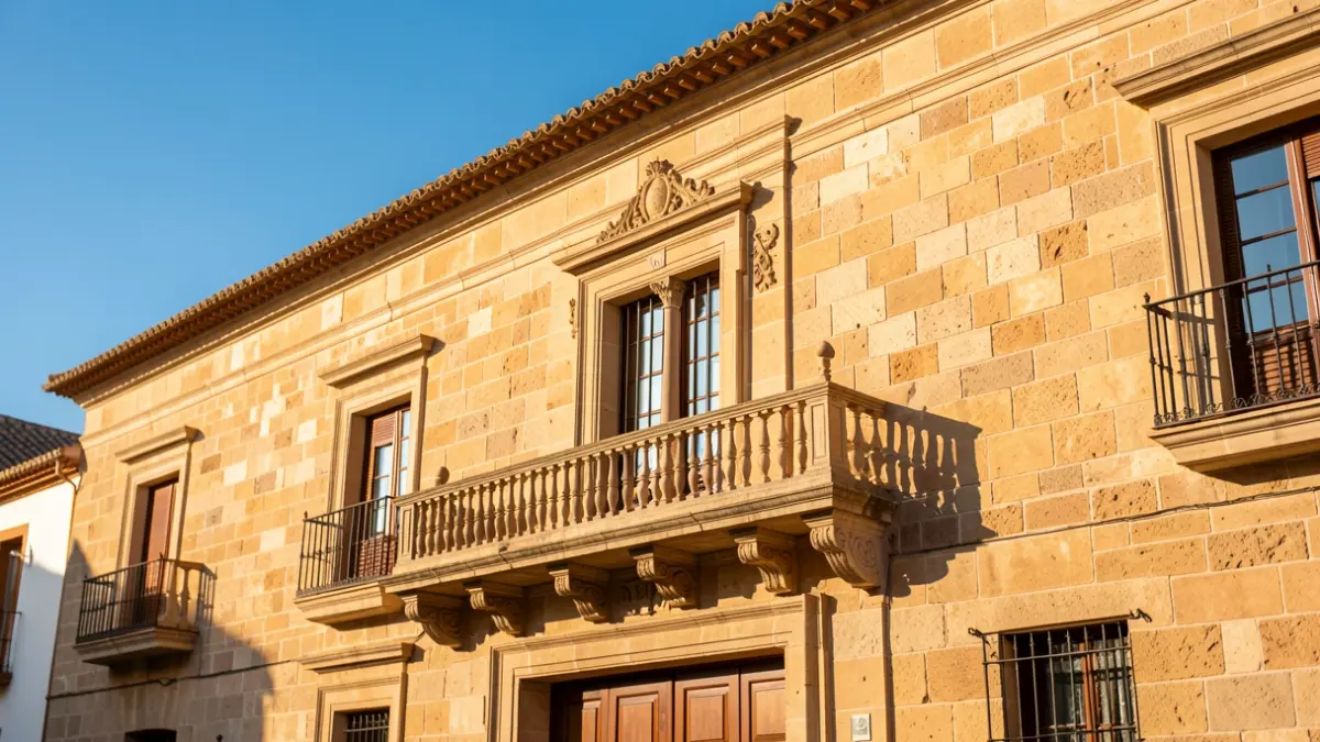 Facade of the Linares City Hall, historic building with a balcony and afternoon light.