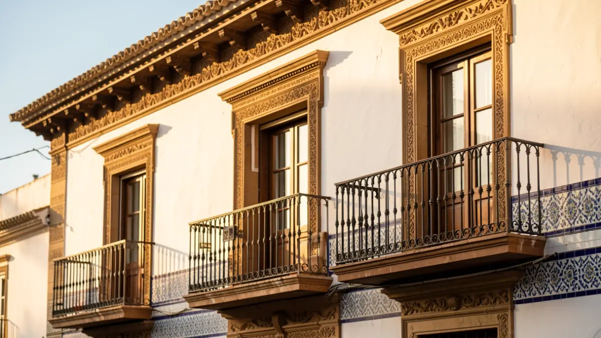 Fachada de un edificio tradicional andaluz con detalles de azulejos y balcón.