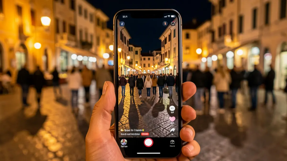 Generic image of a mobile phone displaying a TikTok video in a town square at night.