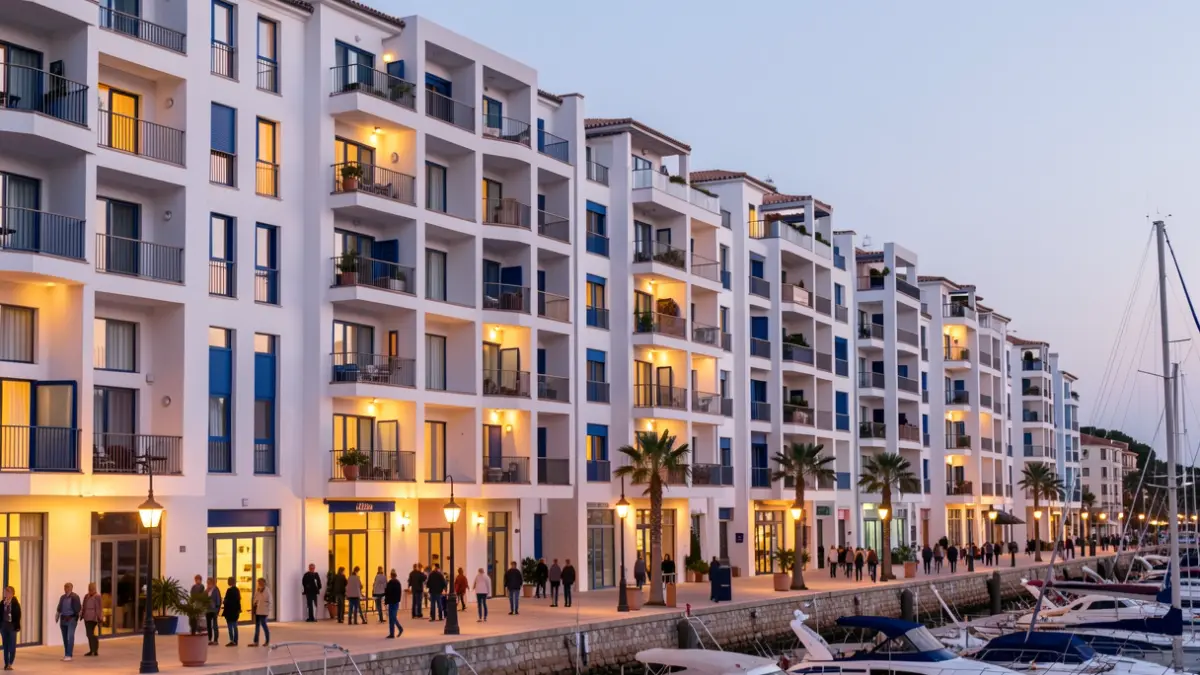 Fachada de edificios de apartamentos modernos con balcones, algunos con luces encendidas, con vistas a un puerto deportivo al atardecer.