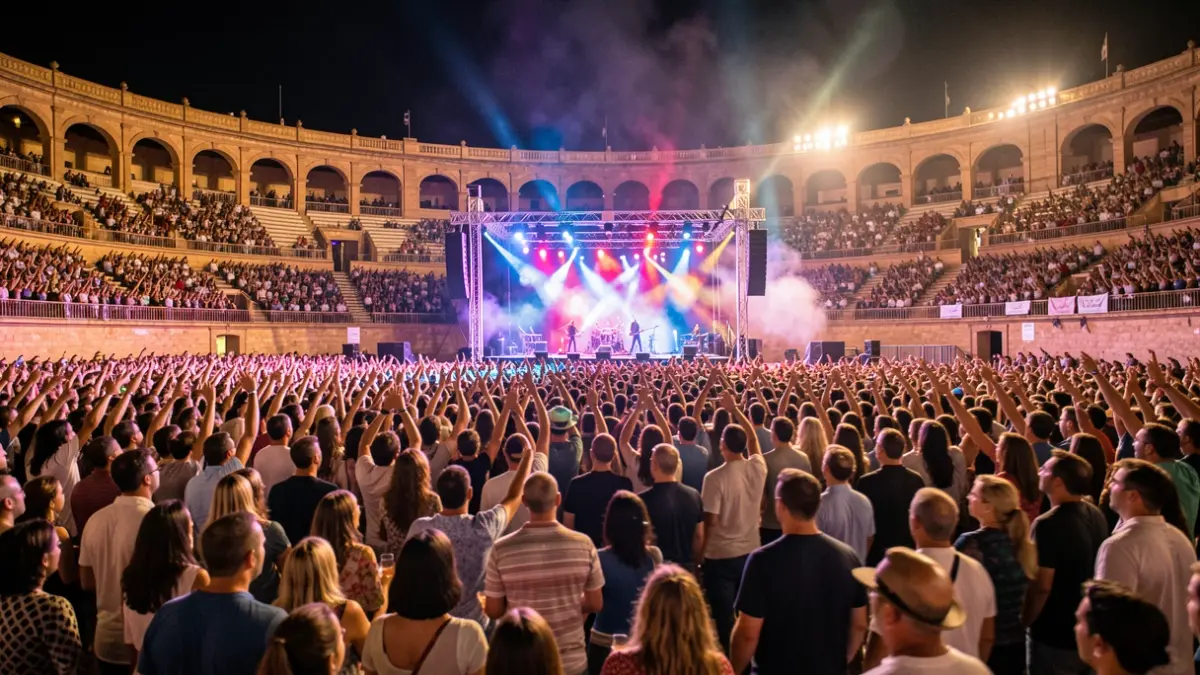 Imagen genérica de un concierto de pop urbano en una plaza de toros andaluza por la noche.