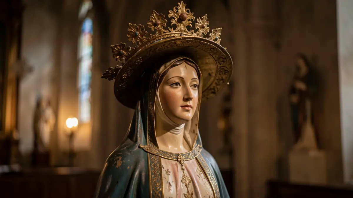 Image of the Divine Shepherdess of San Dionisio wearing a wide-brimmed hat.