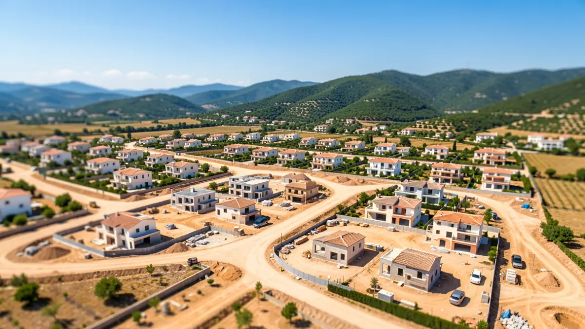 Vista aérea de una zona residencial en desarrollo en Andalucía, con obras en curso y colinas verdes.