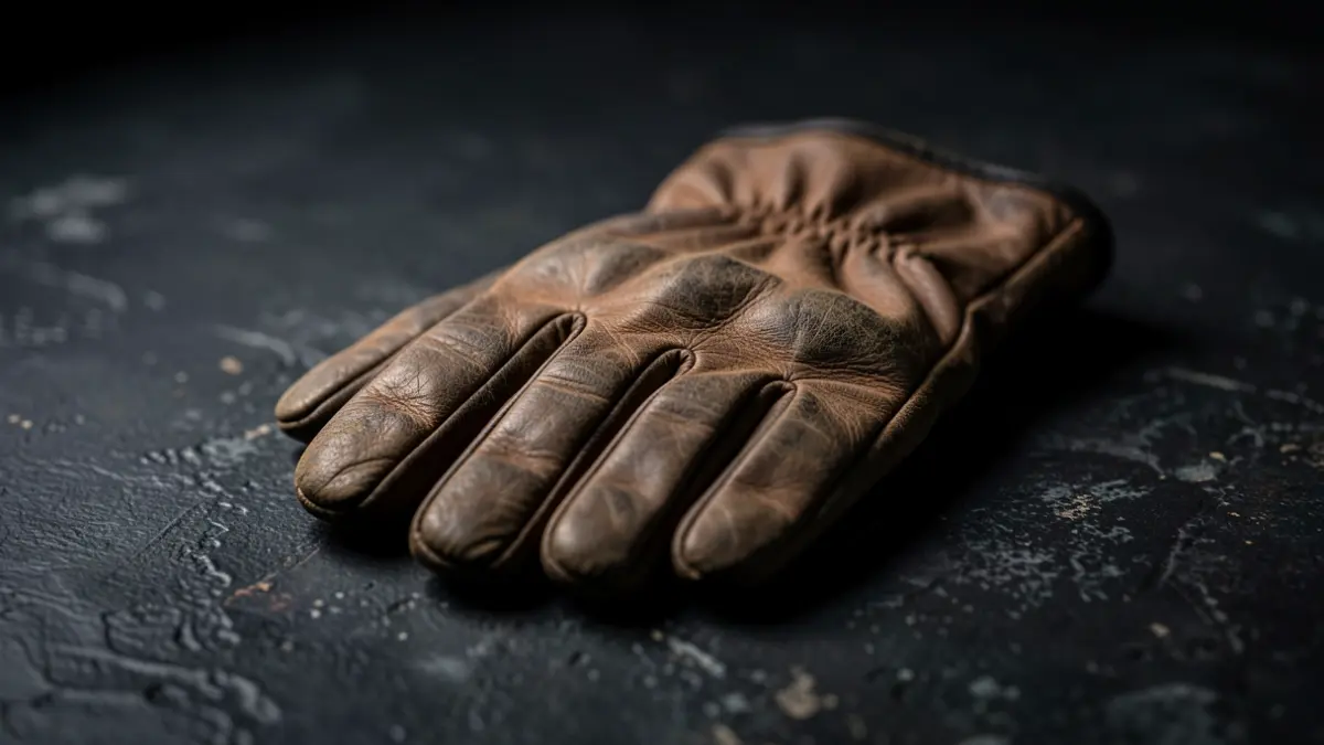 Close-up of a worn leather glove on a dark surface, symbolizing discrimination.