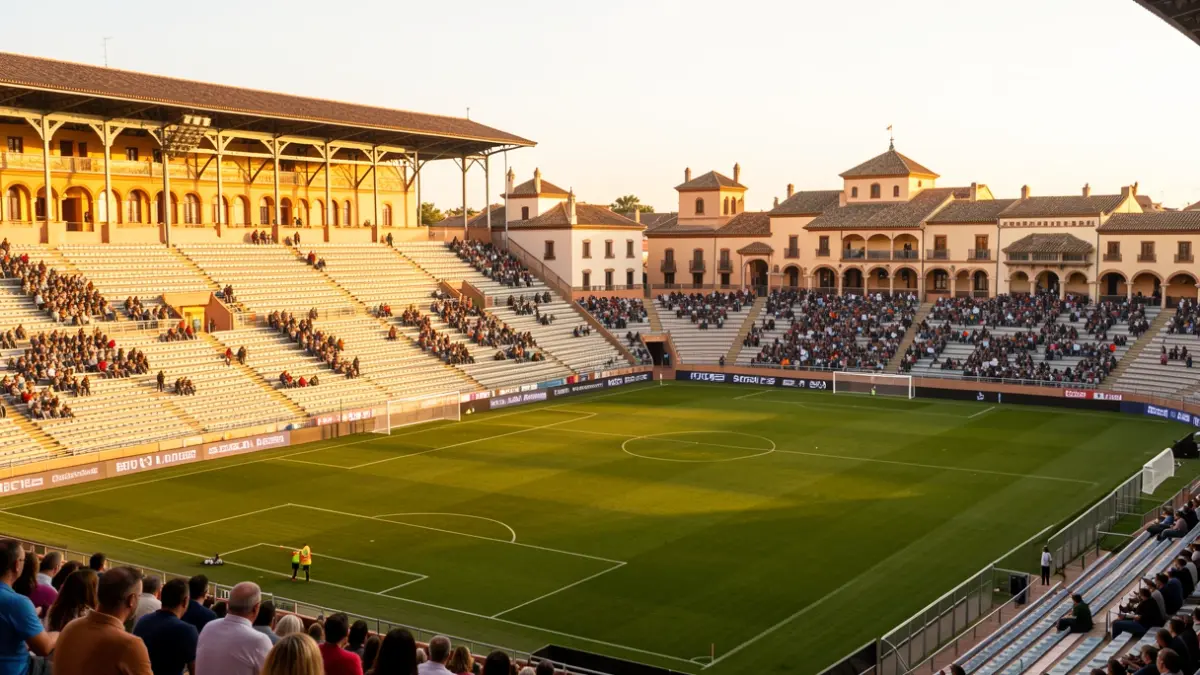 Imagen genérica de un estadio de fútbol andaluz al atardecer.