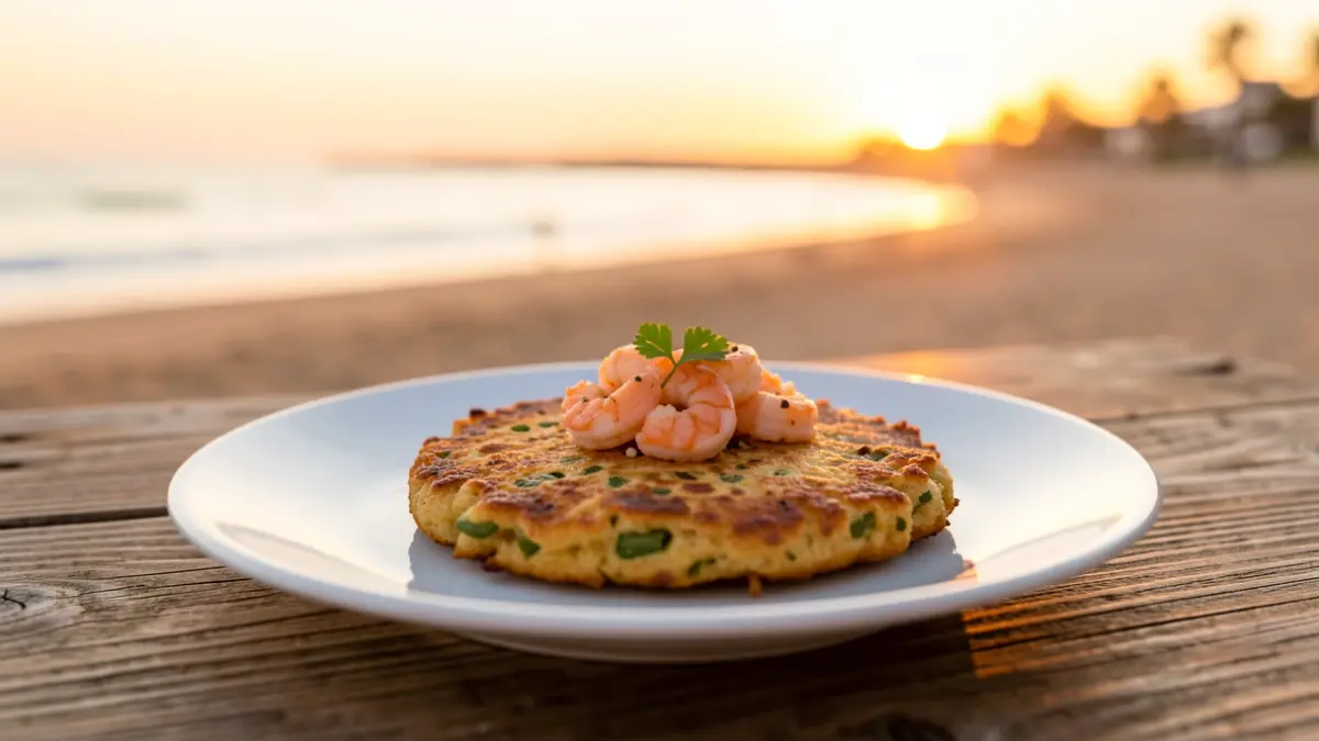 Close-up of a shrimp fritter on a wooden table with a beach in the background at sunset.